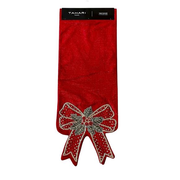 TAHARI Beaded Bow Table Runner 16x90 Christmas Holiday Red Holly Berry New - Picture 1 of 12